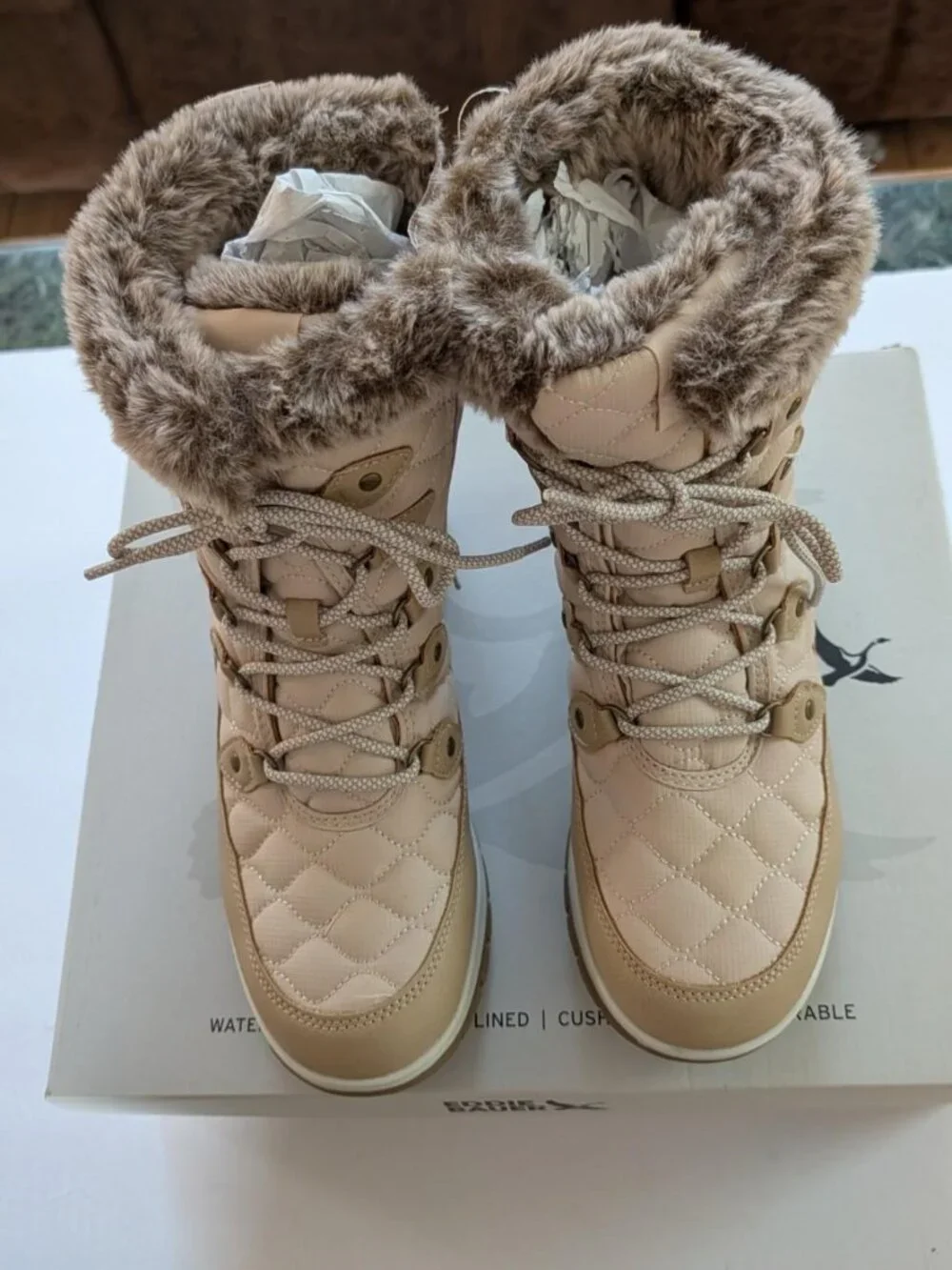 Eddie Bauer Women's Sterling Faux Fur Trim Snow Boot, Cream Size 6 or 9 - New